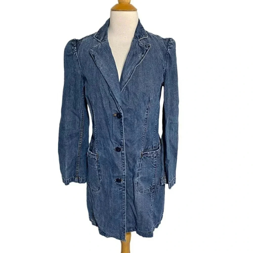 EXPRESS JEANS Women 3/4 Blue Denim Jean Blazer Jacket Puff Shoulder Belted Y2K